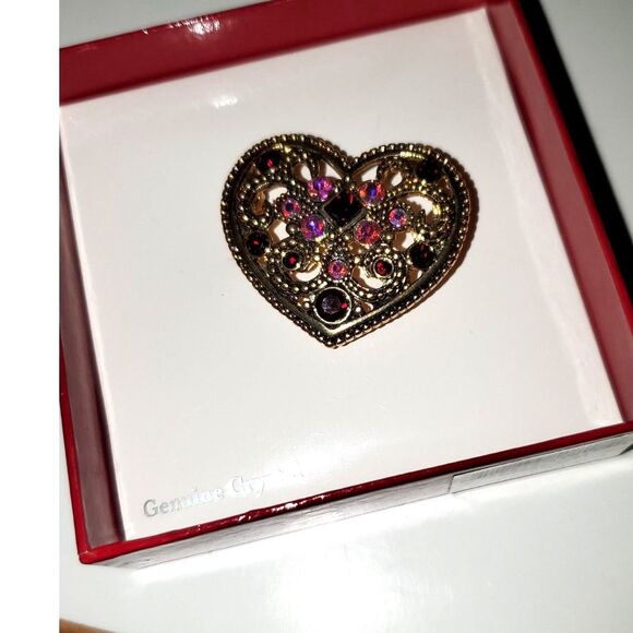 Genuine Crystal Heart Shaped Pin Brooch Recycled Materials Gold Tone Metal - Picture 1 of 10